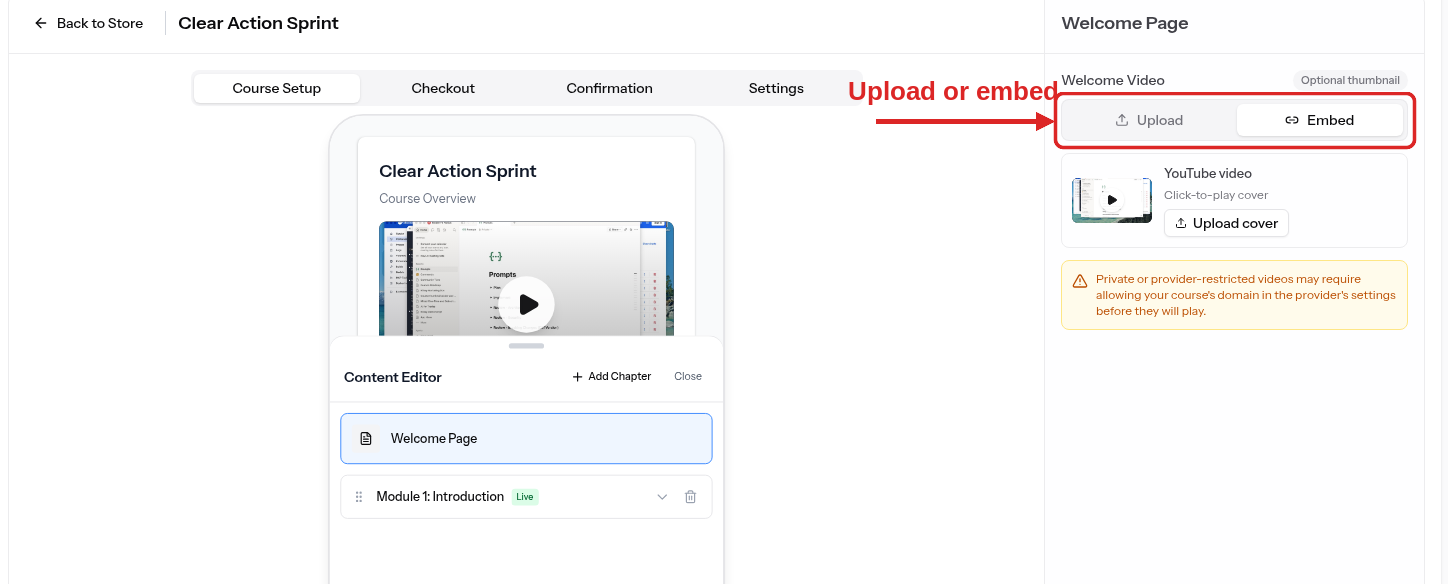 The Upload / Embed control in the course editor panel