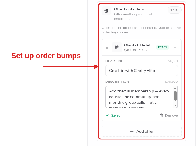 The Checkout offers section in the product editor, under Pricing
